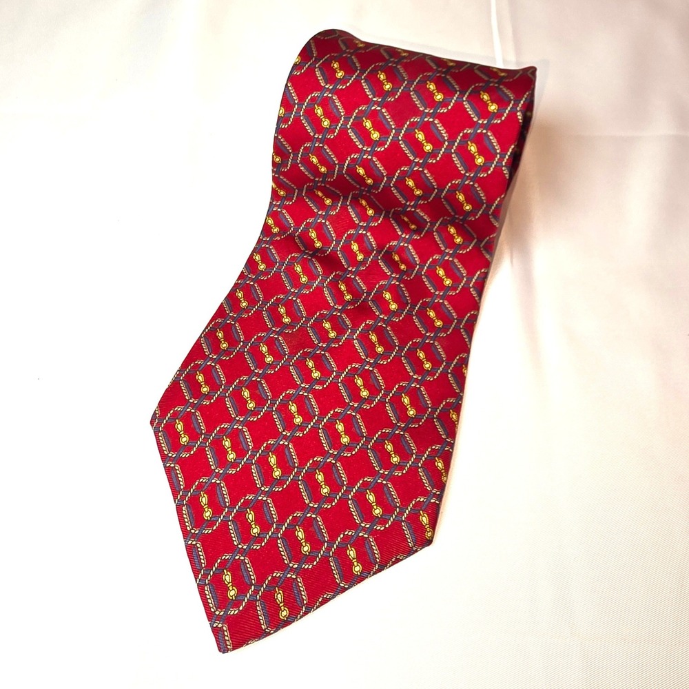Savile Row Mens Silk Necktie Burgundy Red Equestrian Geometric Rope Bit Pattern